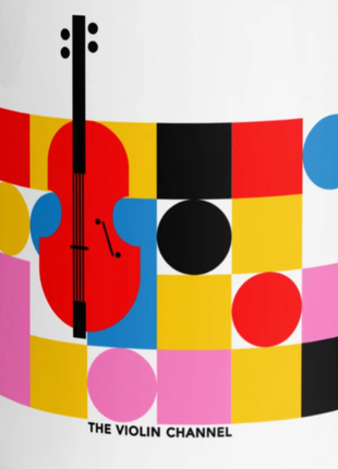 Mug with colorful geometric design and 'The Violin Channel' branding