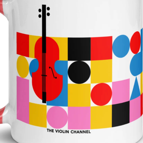 Mug with colorful geometric design and 'The Violin Channel' branding