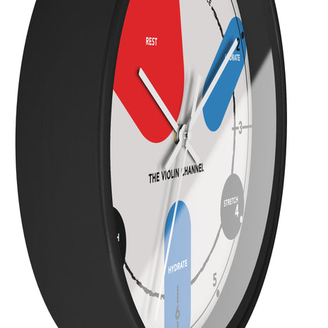 Classical Music Clock with red, blue, and gray sections labeled 'REST', 'HYDRATE', and 'STRETCH' on a white background.